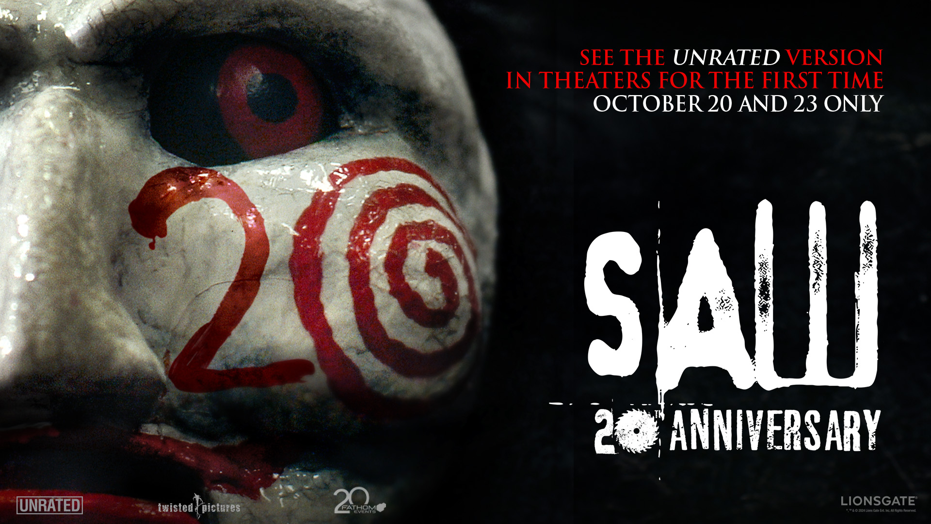 Fathom Events, Lionsgate, and Twisted Pictures Celebrate the 20th Anniversary of the Horror Classic SAW (Unrated), Bringing it Back to the Big Screen on October 20 & 23